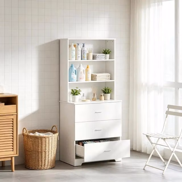 Libreria moderna bianca con 3 ripiani aperti e 3 cassetti per ufficio o soggiorno L: 79 cm, P: 39.5 cm, H: 182.2 cm