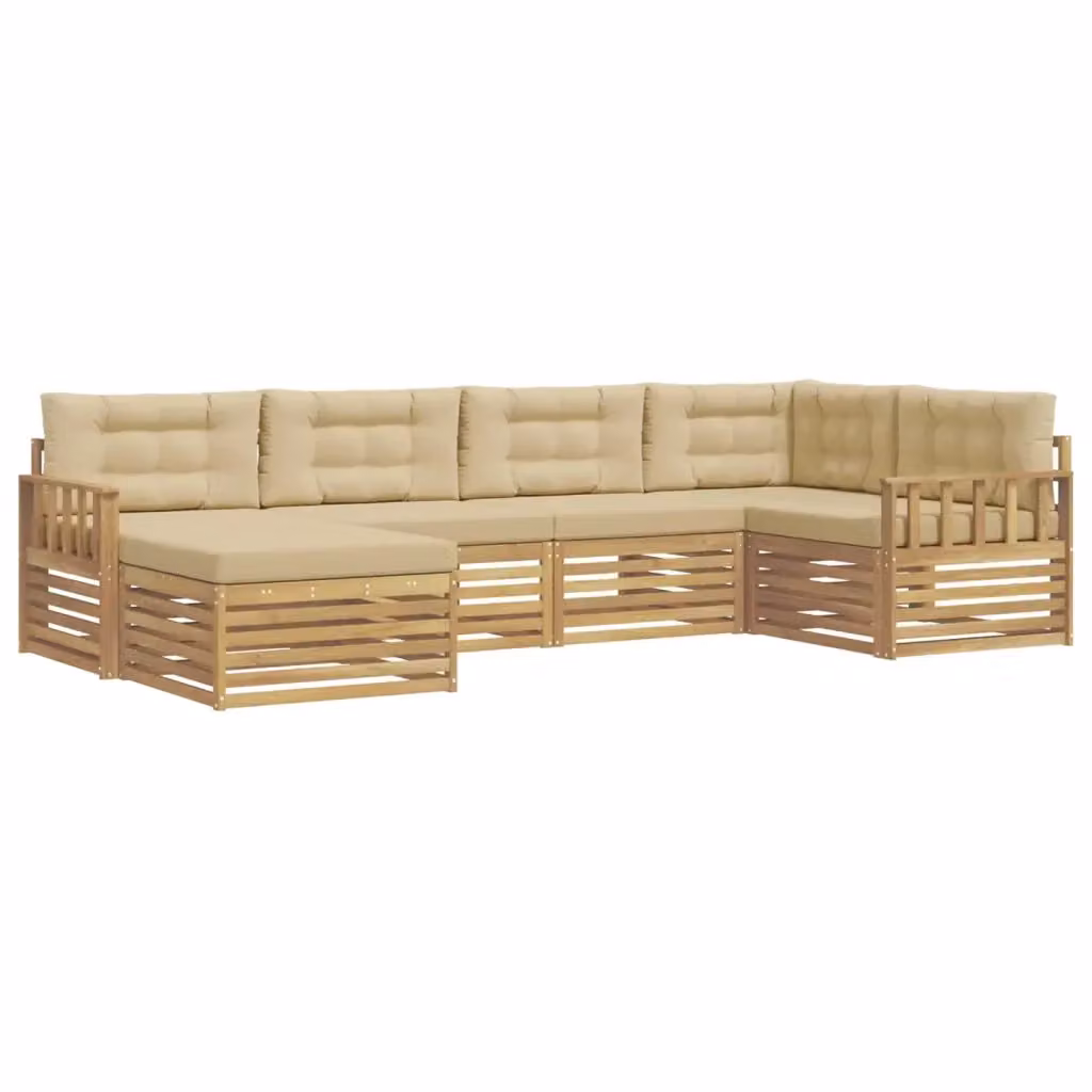 Set di divani da esterno a L con pouf vidaXL, struttura in legno di acacia e cuscini inclusi, Bianco e Beige – 2