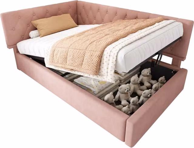Letto a Divanetto Moderno in Velluto Rosa con Contenitore e Testiera Reversibile L/P/H: 90 x 190 x 100 cm