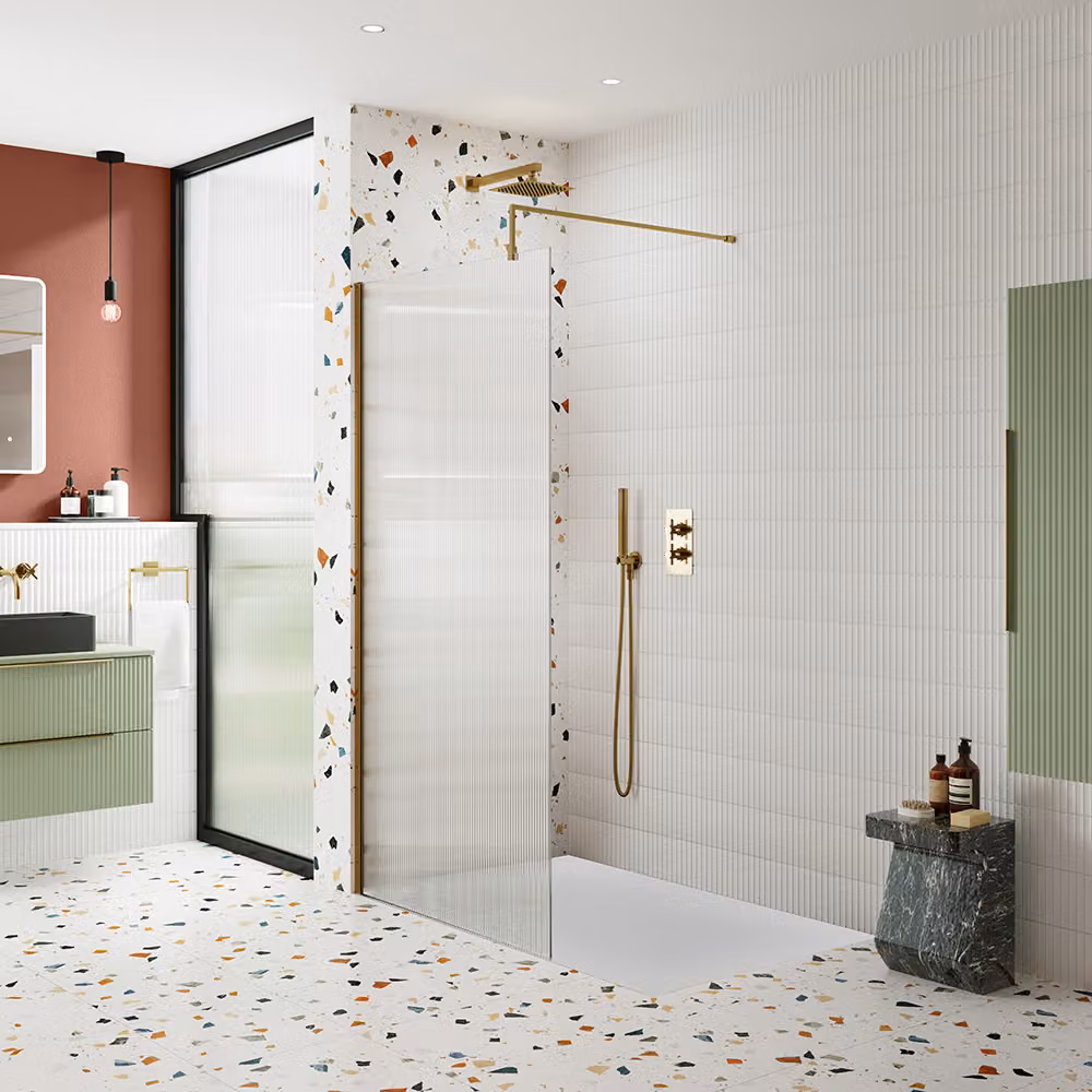 Box Doccia Walk-In Ottone Spazzolato in Vetro Scanalato con Piatto Doccia 1400mm x 700mm - Senza  Anta Paraspruzzi