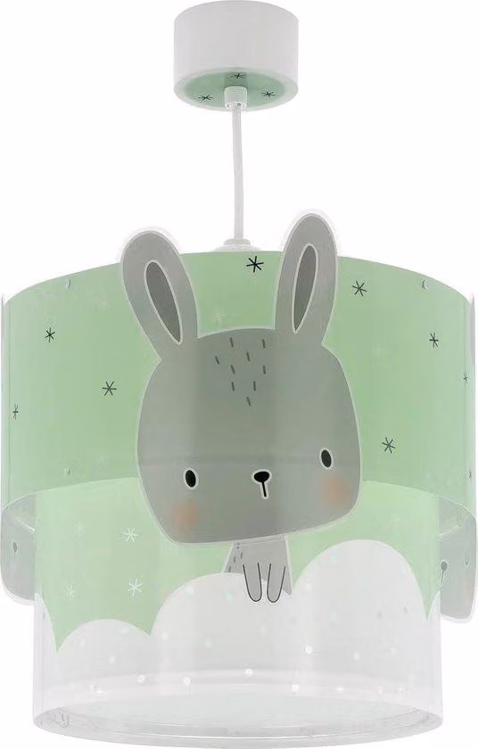 Lampada a sospensione per bambini con paralume verde e motivo coniglio