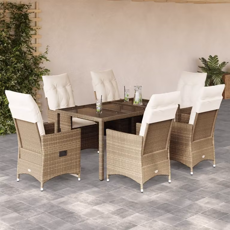 Set da Pranzo da Giardino vidaXL in Polyrattan con Cuscini Beige e Piano in Vetro, 7 Pezzi