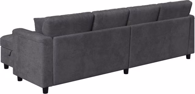 Divano modulare grigio in chenille con 2 pouf contenitori, 261×134×82 cm, design versatile a L e U per soggiorno