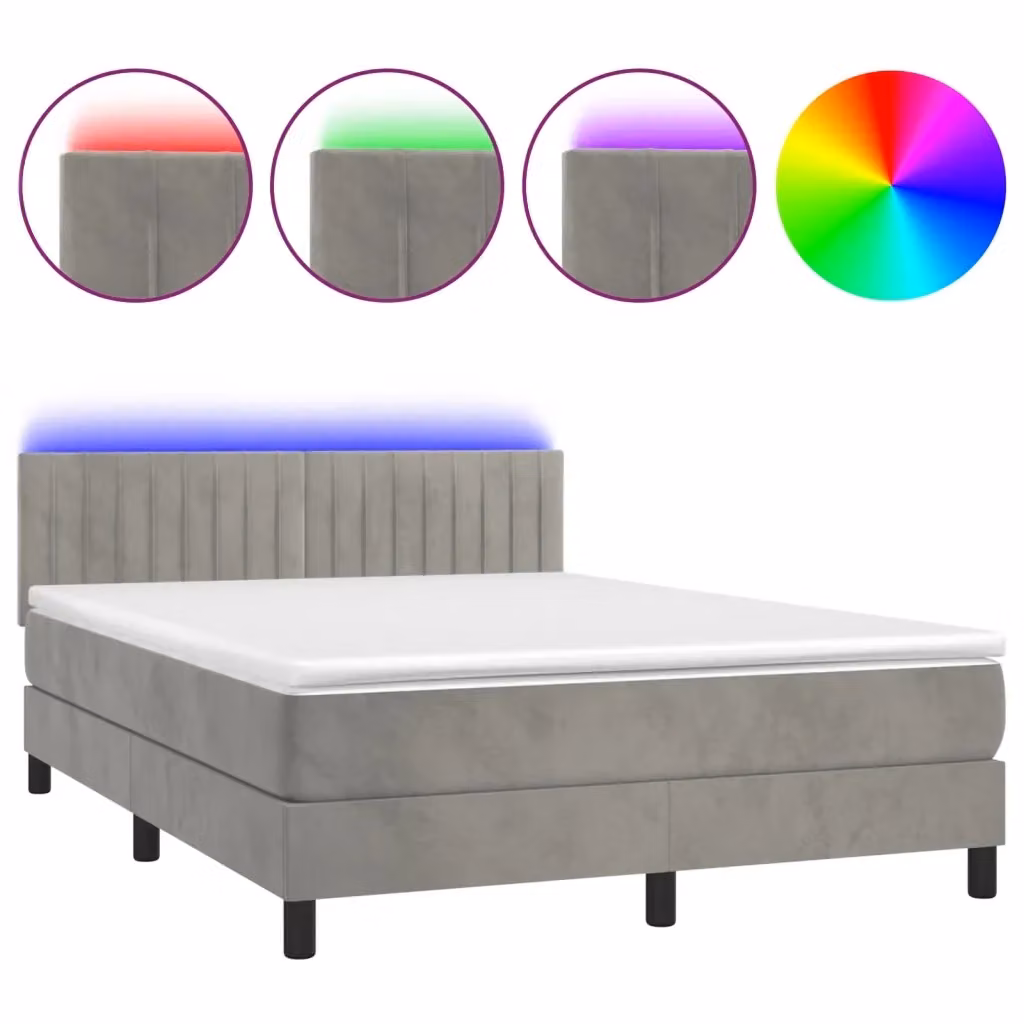 Letto matrimoniale con materasso ibrido vidaXL in velluto grigio chiaro con illuminazione LED e porta USB L/P/H: 144 x 193 x 88 cm – 2