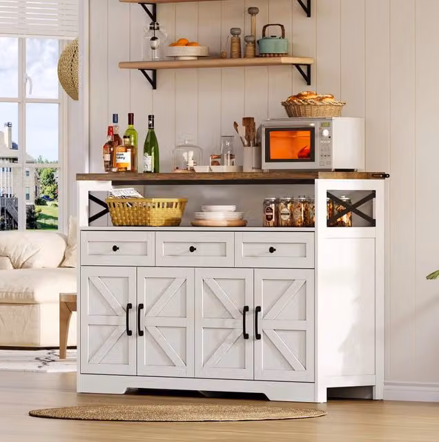 Credenza ULEVR 140x35x95 cm con 3 cassetti, 2 armadietti e vano aperto, MDF bianco e marrone
