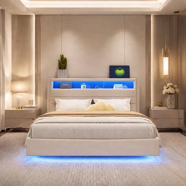 Letto imbottito 140x200 cm con presa USB, illuminazione LED e testiera reversibile in tessuto lino beige