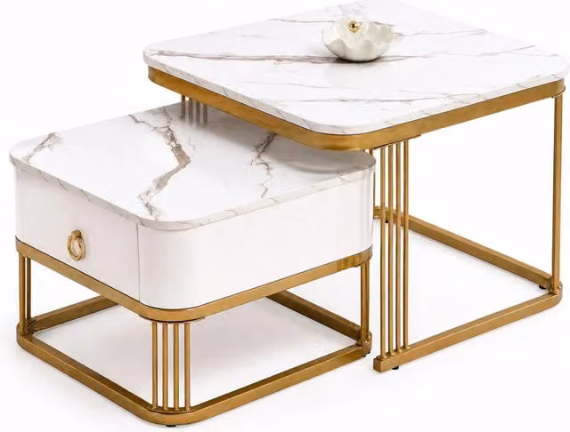 Set di 2 tavolini da salotto moderni REDOM bianchi e oro in MDF e metallo, L/P/H: 60 x 60 x 45 cm e 50 x 50 x 34 cm – 1