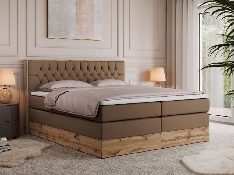 Letto continentale Boxspring AMORE KING con contenitore - 200x200 cm - Materasso H3 - Ecopelle marrone - Topper T25