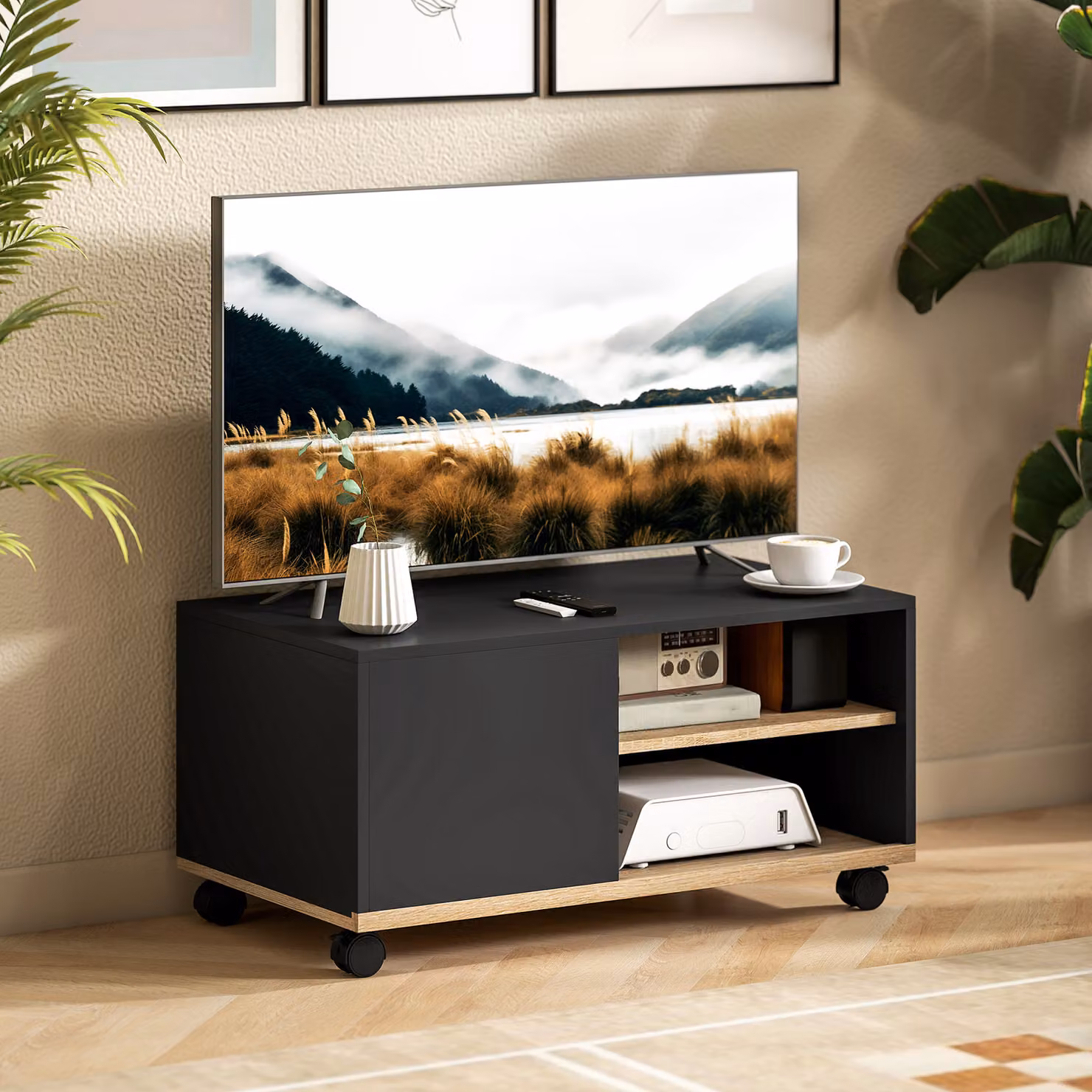 Mobile Porta TV HOMCOM per schermi fino a 42 pollici con ruote, freni, armadietto e ripiano regolabile, Nero, L 80 cm x P 45 cm x H 41 cm – 2