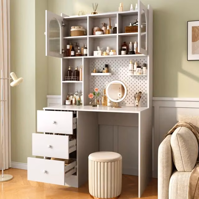 Scrivania moderna multifunzionale con armadio integrato, 180 cm, con bacheca, 3 cassetti e vetrina in vetro, bianca per ufficio e studio