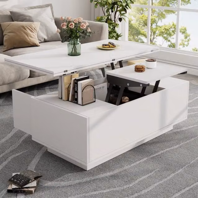 Tavolino da caffè 100x50x43 cm con doppio piano sollevabile; vano nascosto in truciolato bianco