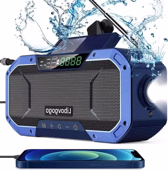 Radio portatile AM/FM blu con energia solare, ricaricabile e torcia LED resistente all'acqua IPX5 per camping e attività all'aperto