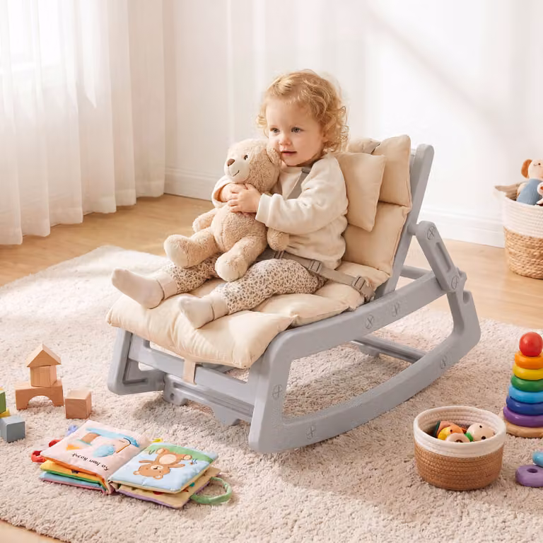 Sedia a dondolo Costway per bambini con schienale regolabile, poggiatesta rimovibile e cintura a 5 punti, sdraietta imbottita Grigio