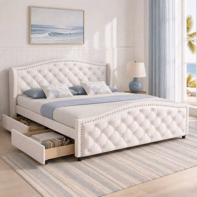 Letto imbottito 140x200 cm con rete a doghe; 2 cassetti e testiera trapuntata in PU bianco