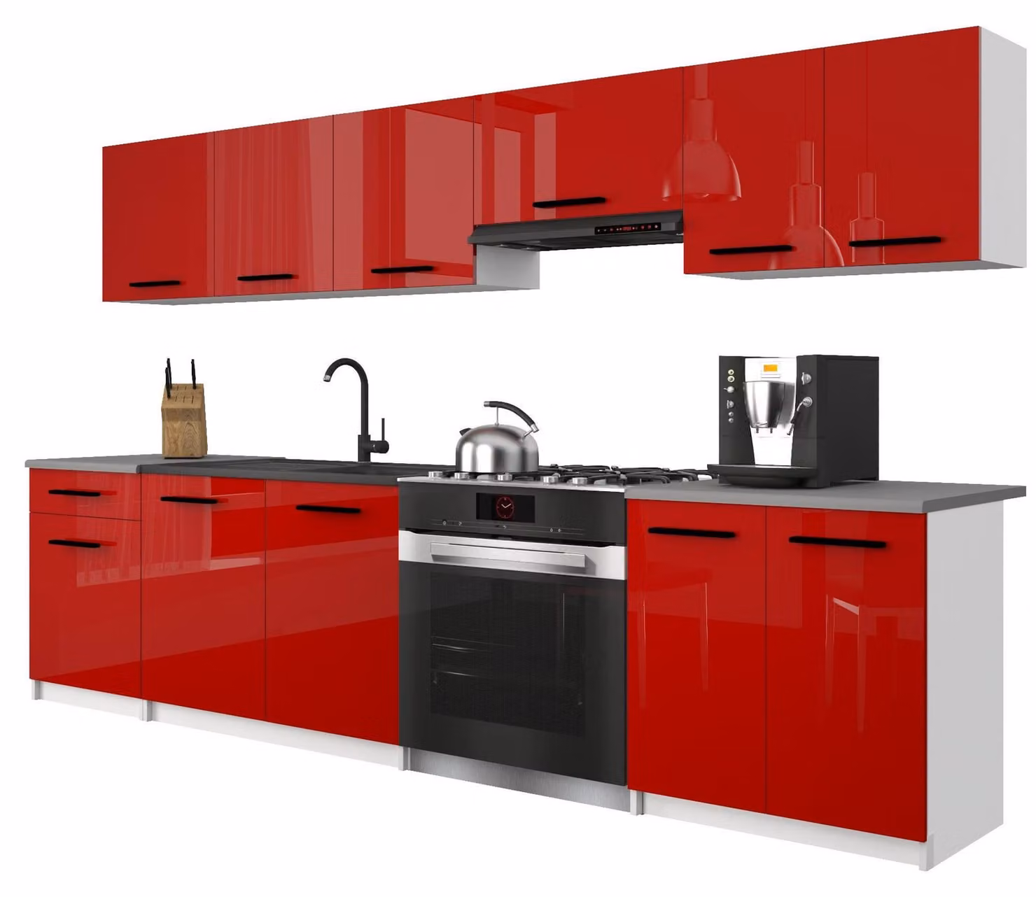 Belini - Angolo cottura moderno ITALIA 2 - Mobili da cucina 240 cm, rosso - Cucina componibile con pensili, mobili base e piani di lavoro