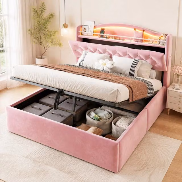 Letto imbottito rosa 140 x 200 cm con contenitore idraulico, illuminazione LED, porte USB/USB-C e testiera con scomparti