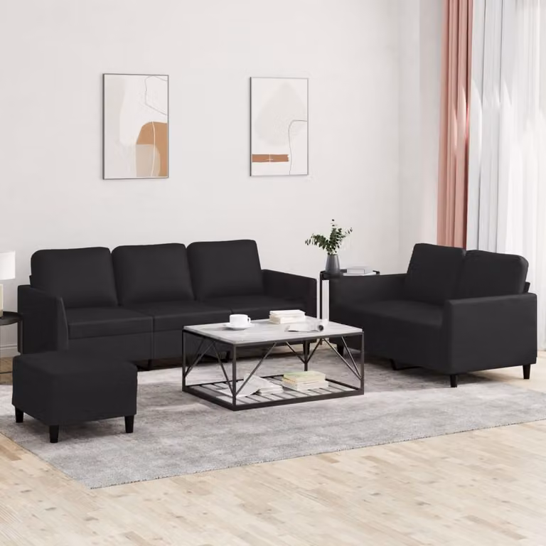 Set di divani vidaXL composto da un divano a 3 posti, un divano a 2 posti e un pouf, in similpelle nera con cuscini, design moderno per il tuo soggiorno