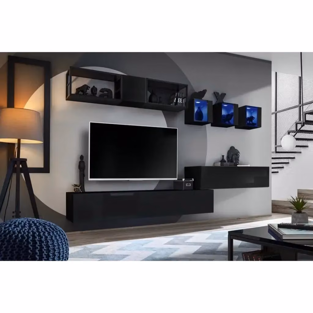 Set di mobili da soggiorno in stile industriale Meublorama SWITCH M3 con vetrina, lowboard e scaffali aperti, colore nero – 2