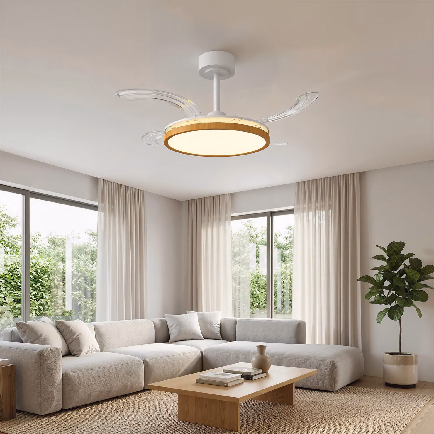 Ventilatore da soffitto HOMCOM con luce LED e telecomando, pale retrattili, diametro 95 cm, colore naturale – 2