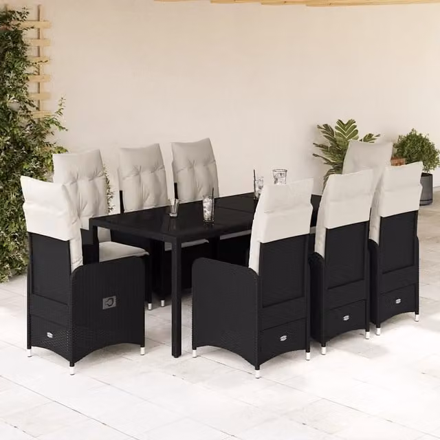 Set Bistrò da Giardino vidaXL in Polyrattan Nero con Cuscini e Tavolo in Vetro per Giardino, Balcone o Terrazza, 9 Pezzi