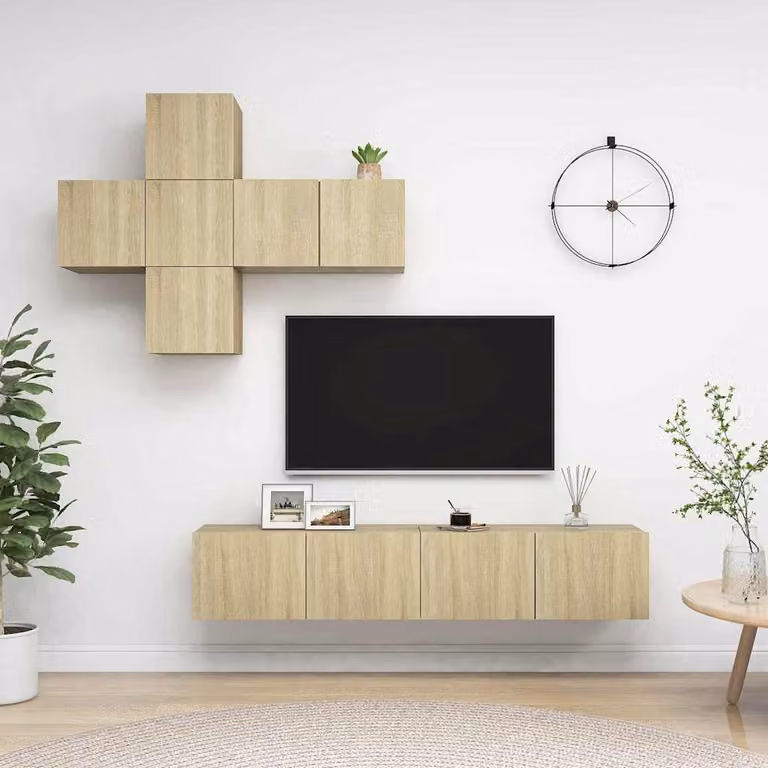 Set di mobili porta TV moderno vidaXL in 7 pezzi in legno multistrato e MDF color rovere sonoma beige e marrone