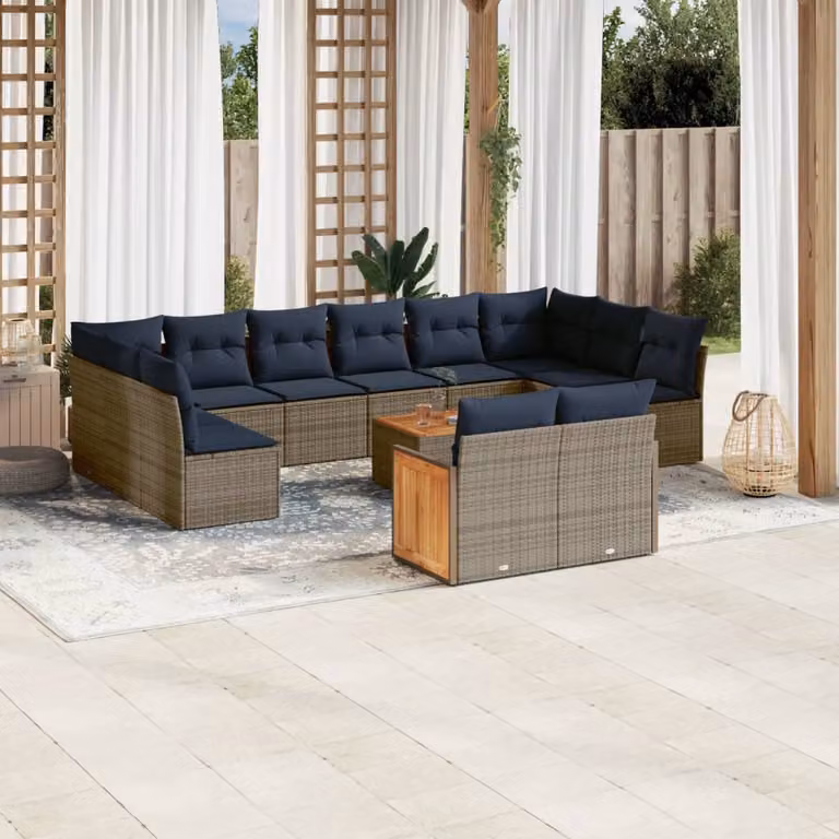 Set di divani da giardino vidaXL a forma di U in polyrattan con cuscini grigi e blu e tavolino da esterno