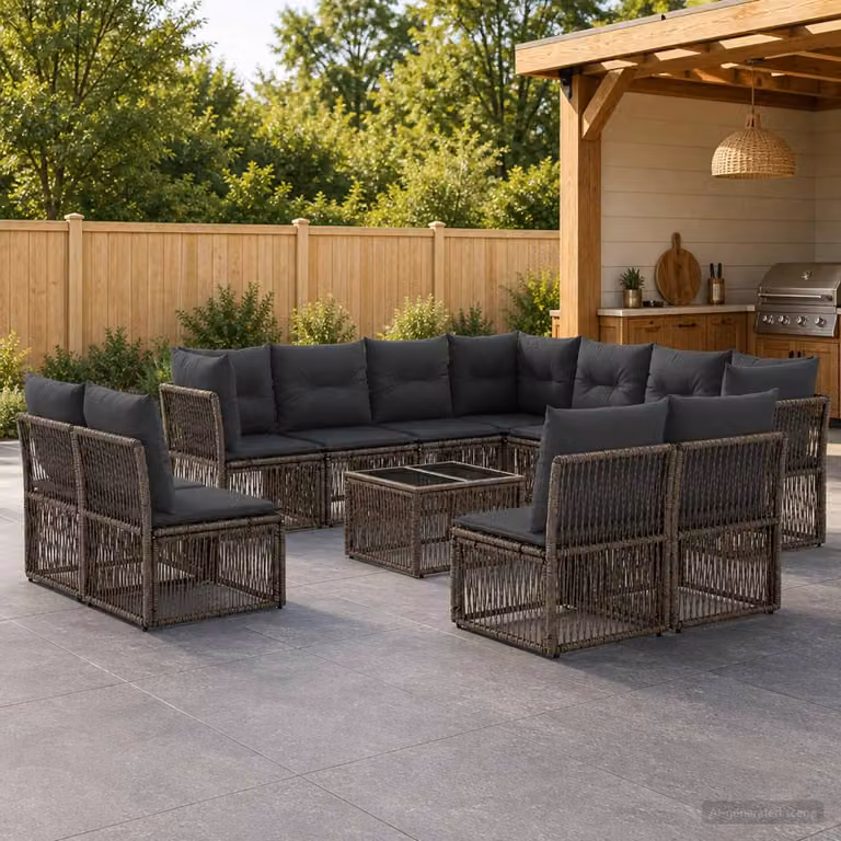 Set Divano da Giardino a L vidaXL 12 pz Grigio con Tavolino e Cuscini in Polyrattan e Metallo