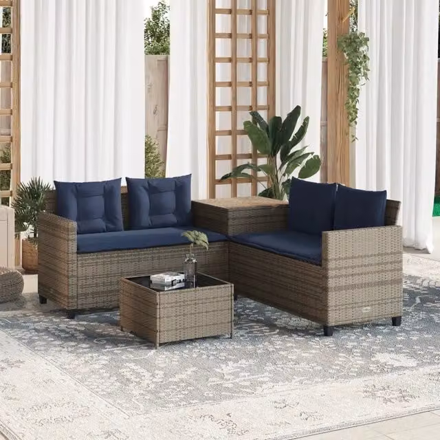 Divano da giardino con Tavolino e cuscini a forma di L Grigio 369034