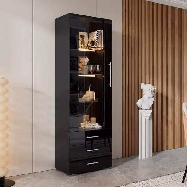 Vetrina con LED controllabile da applicazione, anta e 3 cassetti, per soggiorno, nero, 60 × 35 × 180 cm