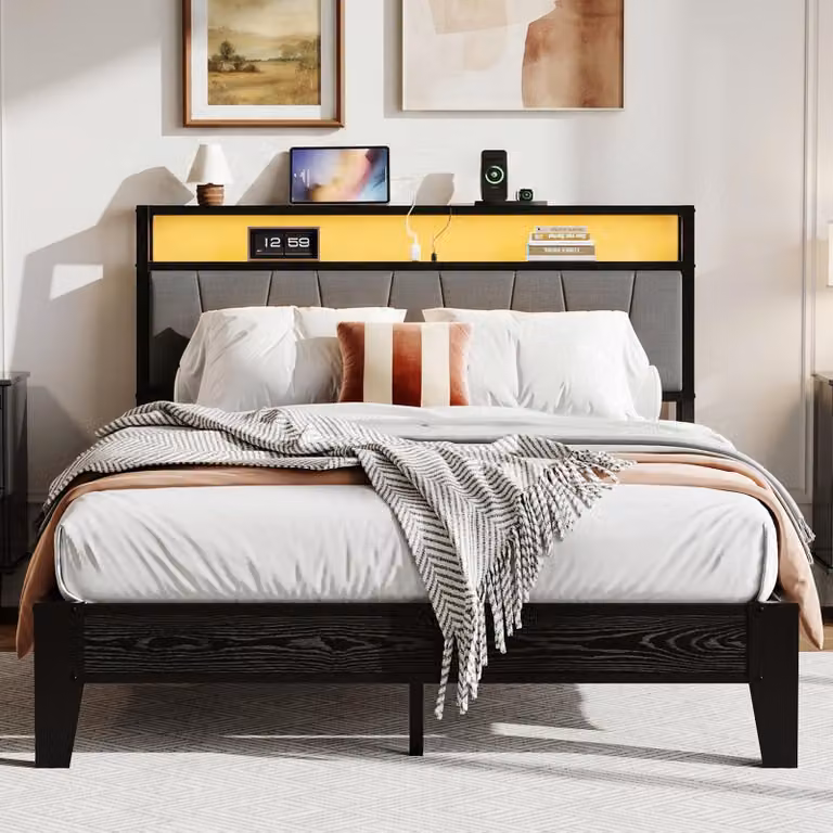 Letto IRONCK 140x200 con illuminazione LED, base di ricarica e testiera imbottita