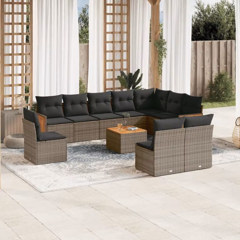 Set di divani da giardino vidaXL 11 pz in polyrattan grigio con cuscini e tavolino da esterno a forma di L