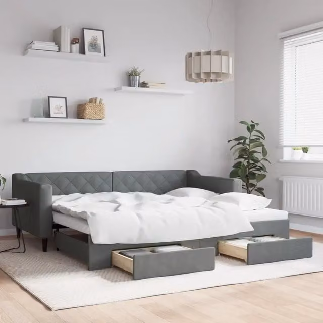 Divano Letto Estraibile con Cassetti vidaXL in Tessuto Grigio per Soggiorno e Camera da Letto L/P: 90 x 200 cm – 1