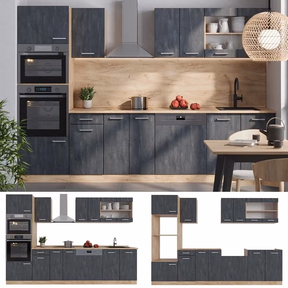 Cucina componibile moderna R-Line Vicco, Calce nera e Rovere dorato, L: 300 cm – 2
