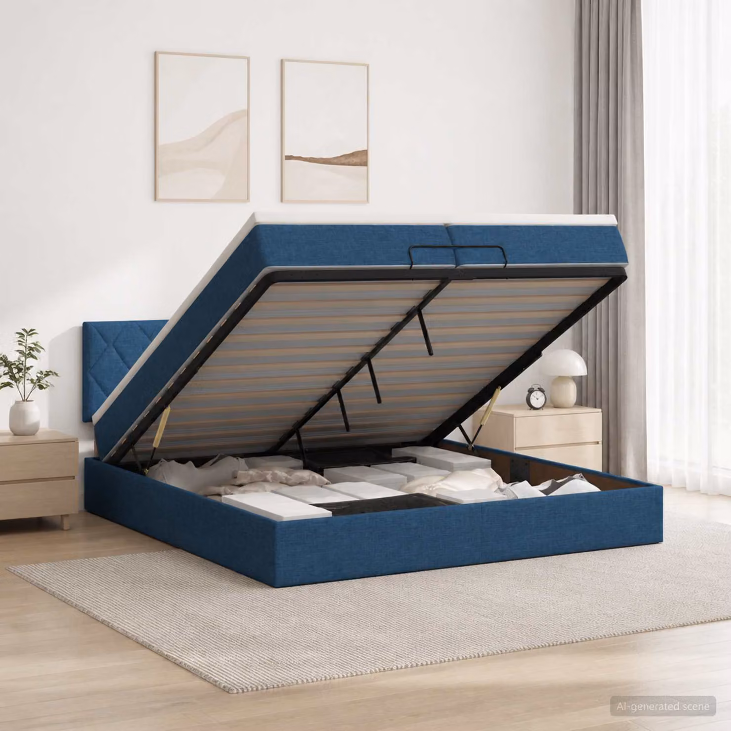 Letto Ottomano vidaXL con Materasso Ibrido e Illuminazione LED Blu, L/P/H: 200 x 200 x 88 cm