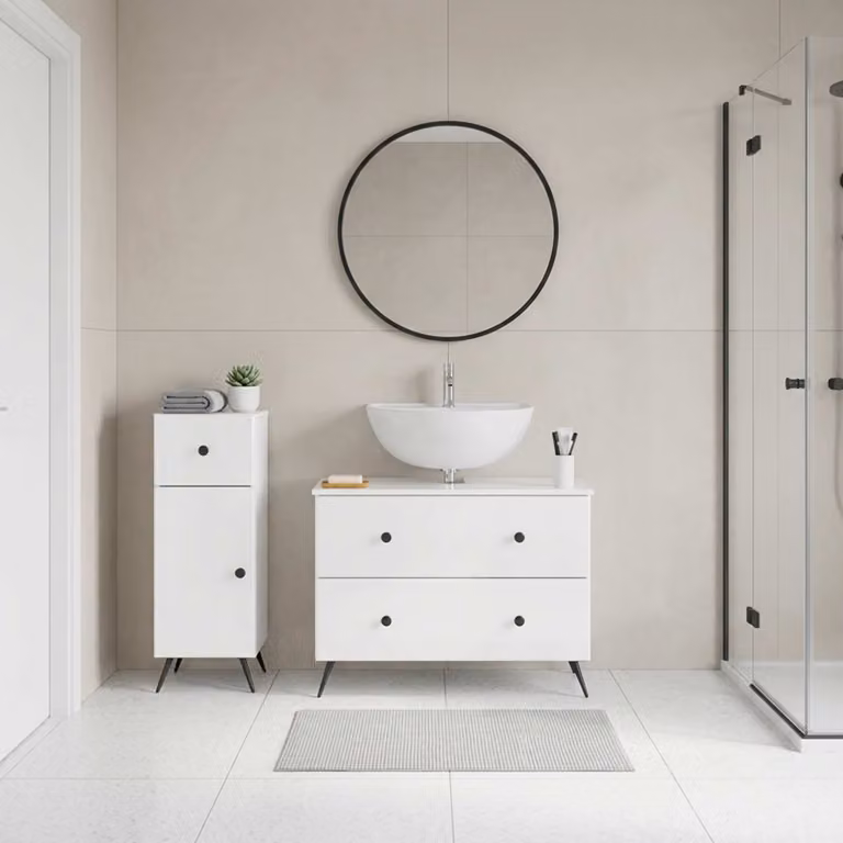 Set di mobili da bagno vidaXL BREDA composto da 2 pezzi, bianco lucido, design moderno con ante a cerniera e ripiani interni