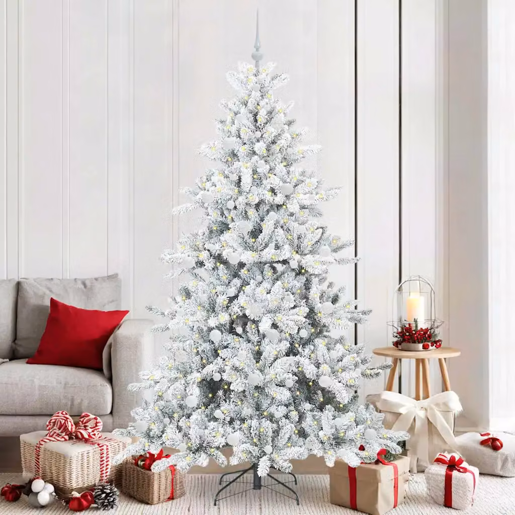 Albero di Natale Artificiale Moderno vidaXL Bianco con Luci LED Warm White e Rami Pieghevoli in PVC e Metallo