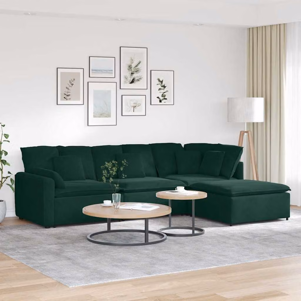 vidaXL Divano Modulare a L in Velluto Verde con Poggiapiedi e Cuscini