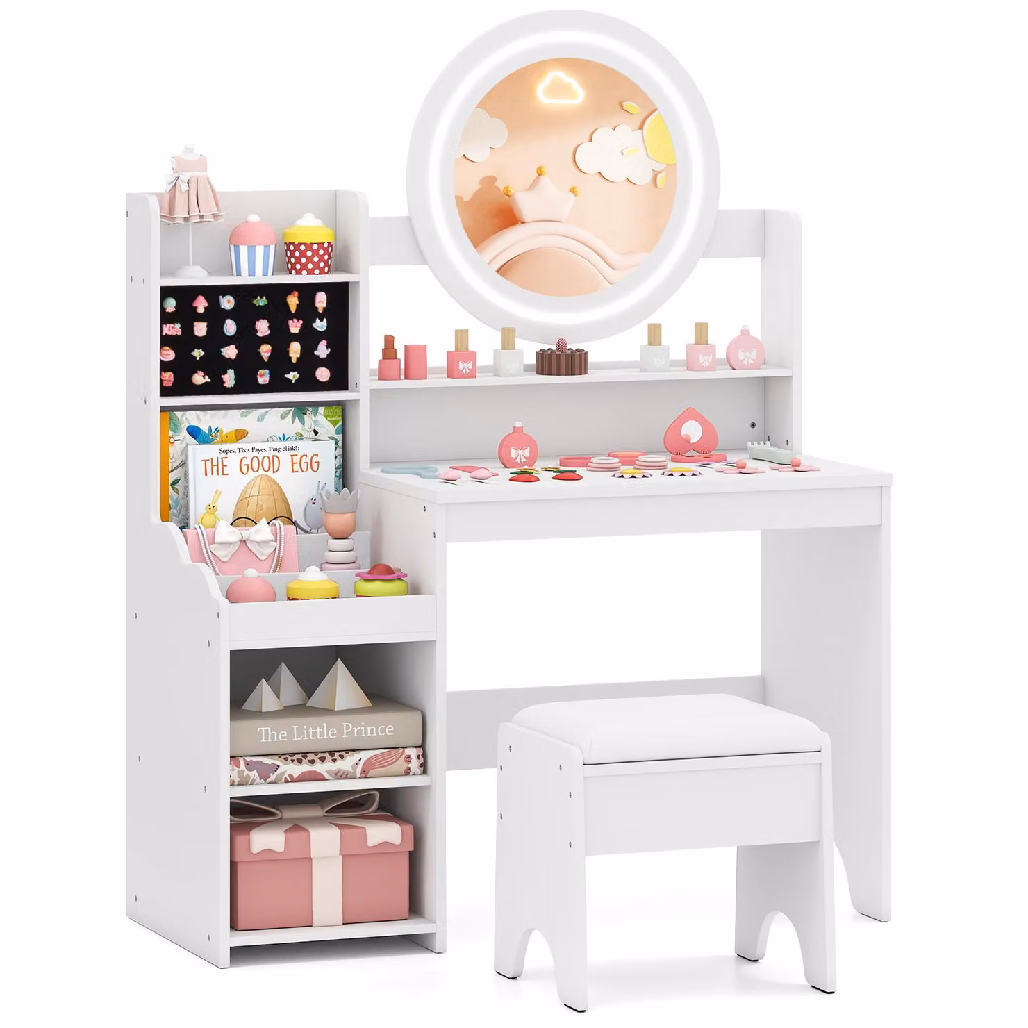 COSTWAY Tavolino da toilette per bambini con illuminazione, tavolino da toilette per bambini con specchio, mensole e sgabello imbottito, tavolino da toilette per bambine dai 3 anni in su, bianco