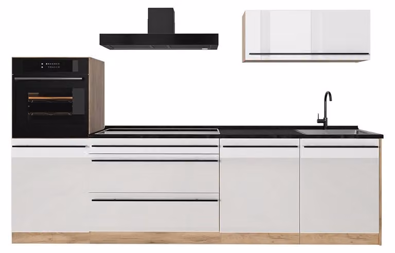Cucina componibile Vicco R-Line Bianco lucido/Rovere dorato 280 cm piano di lavoro Antracite, Model 66493