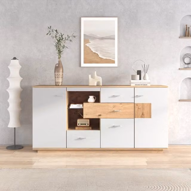 Credenza con 2 ante e 4 cassetti; ripiani regolabili e LED a 16 colori; MDF bianco effetto legno 160 × 40 × 77 cm