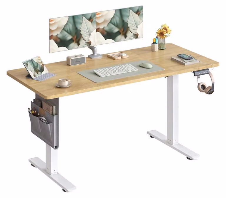 Scrivania regolabile in altezza con funzione di memoria | Impiallacciatura di noce dorata | 140x60x72-120 cm