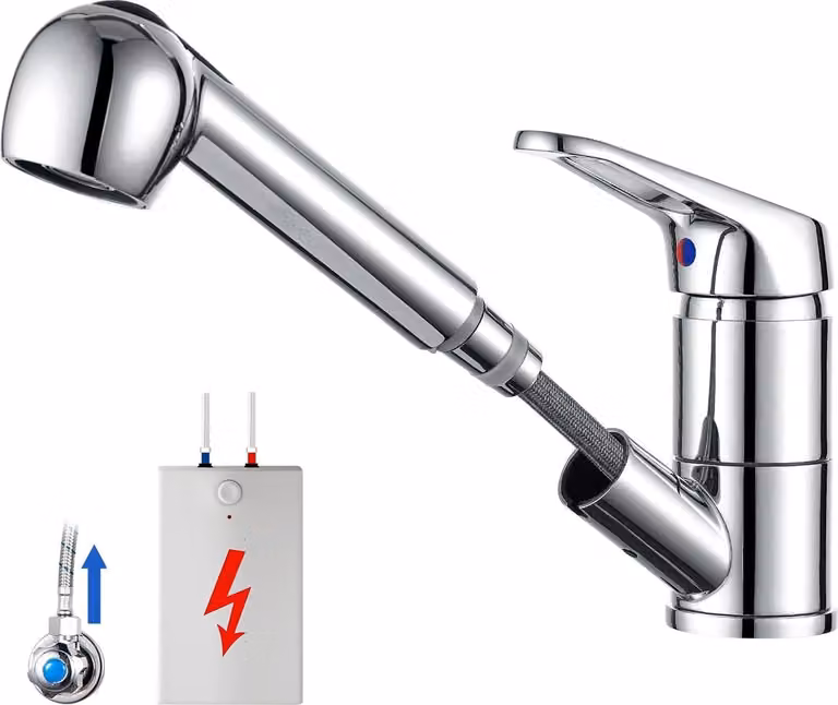 Rubinetto da cucina a bassa pressione, estraibile, rubinetto da cucina a bassa pressione con doccia, due tipi di getto d'acqua, miscelatore girevole a 360°, cucina, rubinetto con 3 attacchi per caldaia