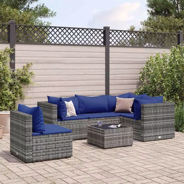 vidaXL Set Divani da Giardino a L con Tavolino da Caffè 6 pz, Polyrattan Grigio e Blu con Cuscini Imbottiti e Resistenti ai Raggi UV