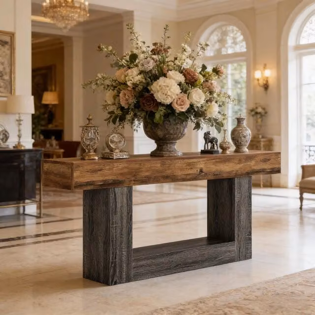Consolle con ripiano inferiore e base a U, design rustico bicolore, per ingresso e soggiorno, in MDF, grigio e marrone rustico, 160 cm