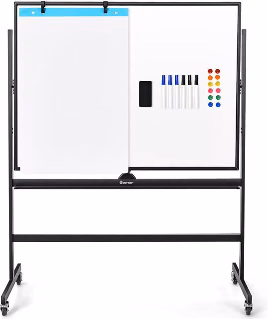 Lavagna Bianca Magnetica Mobile FDS Gmbh, Lavagna Cancellabile Doppia Faccia con Altezza Regolabile e 4 Ruote Bloccabili, L: 120 cm, H: 90 cm