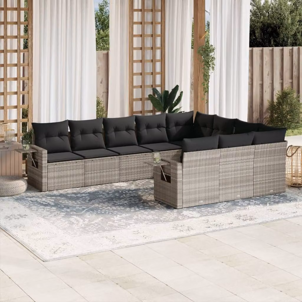 vidaXL Set Divano da Giardino 10 pz in Polyrattan Grigio con Cuscini e Tavolino – 1