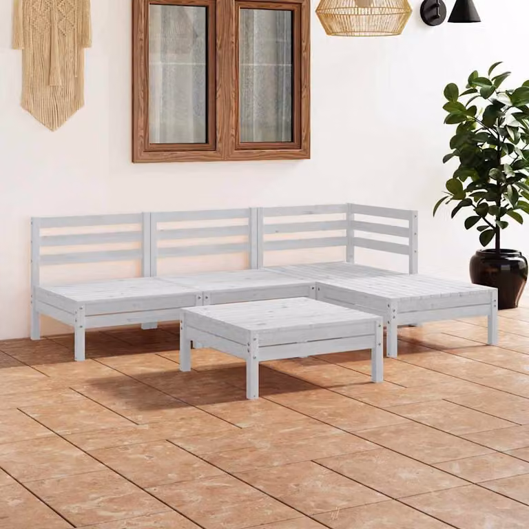 vidaXL Set Salotto da Giardino 5 pz in Legno di Pino Bianco con Cuscini e Forma a L