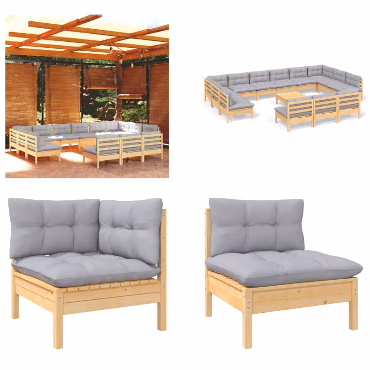 vidaXL set salotto da giardino 14 pezzi con cuscini grigi in pino massiccio - Set salotto da giardino - Set salotto da giardino - Set mobili da giardino - Set mobili da giardino