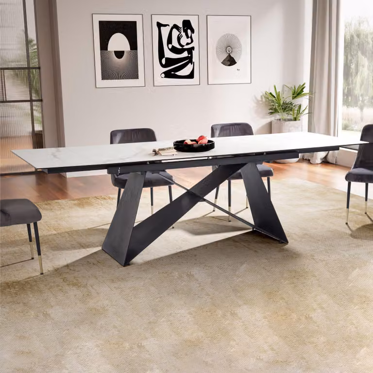 Tavolo da pranzo allungabile FineBuy 180–260 cm, piano in vetro-Vetroceramica bianco, tavolo da pranzo moderno con base a X in metallo – resistente ai graffi, al calore e di facile manutenzione
