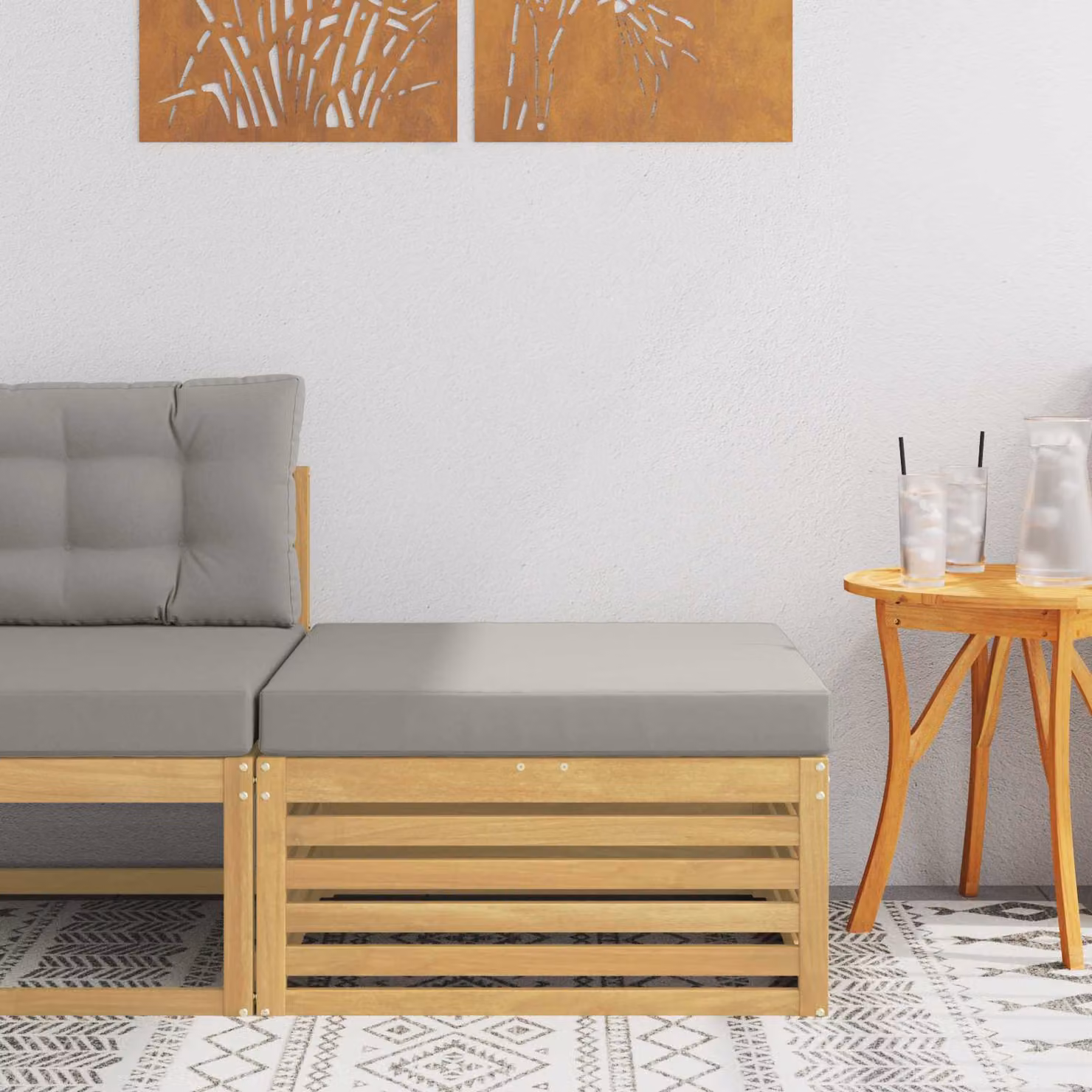 vidaXL Poggiapiedi da Esterno in Legno di Acacia con Cuscini Bianchi e Grigi L: 79 cm, P: 37 cm, H: 37 cm